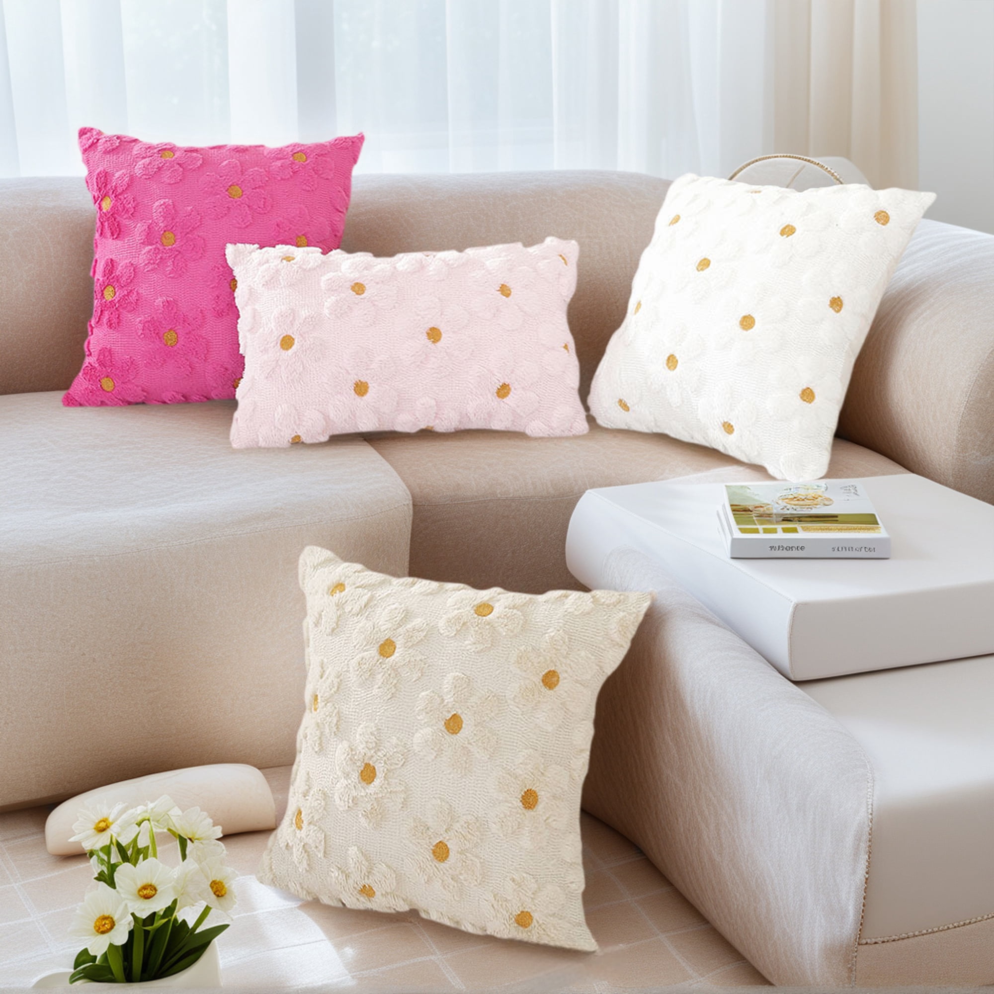Unique Bargains Throw Pillow Covers Set of 2 Floral Pillows for Sofa Decor Beige