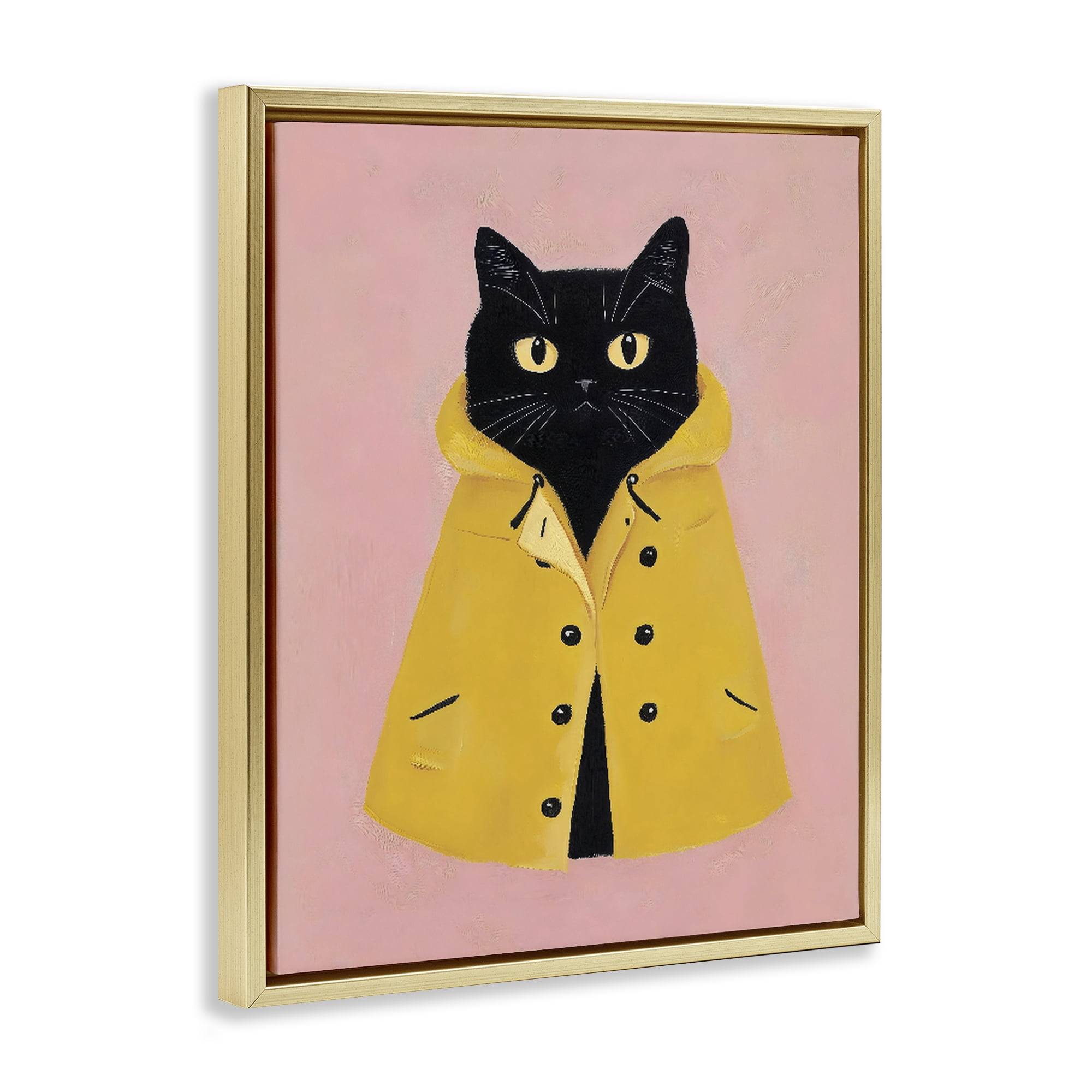 Stupell Industries Black Cat in Yellow Raincoat Gold Framed Floater Canvas Wall Art, design by The Prints Vibe