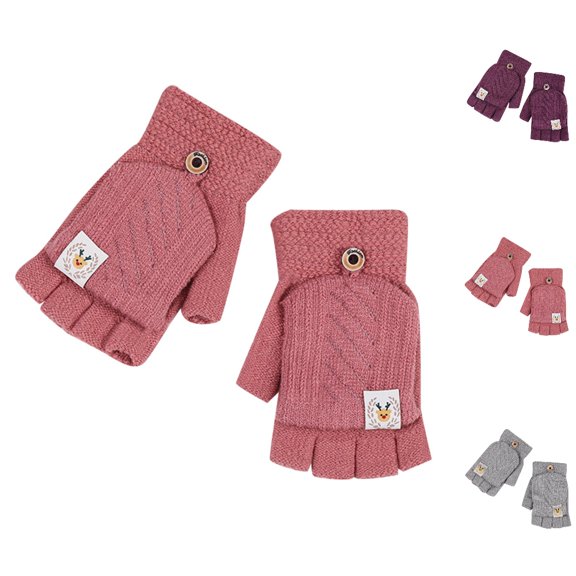 Bmisegm Winter Gloves Women Half Finger Ladies Winter Student Writing Warm Knitting Wool Fingerless Flip Convertible Mittens Watermelon Red