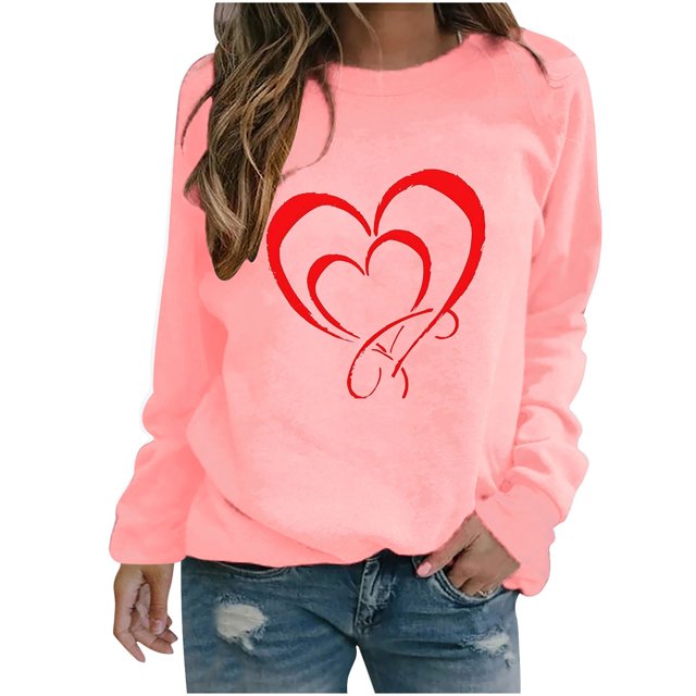 yoeyez Chandail de la Saint-Valentin pour Femmes, T-Shirts à Imprimé Cœur d'Amour, Haut Décontracté à Manches Longues, Chandail à Enfiler, Adolescentes, Col Ras du Cou, T-Shirt Graphique Drôle pour la Saint-Valentin, Rose, G