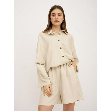 

DanceeMangoo Khaki Long Sleeve Pajamas For Women Casual Short Sets Single-Breasted Loungewear Lapel Set Woman 2 Pieces Pajama