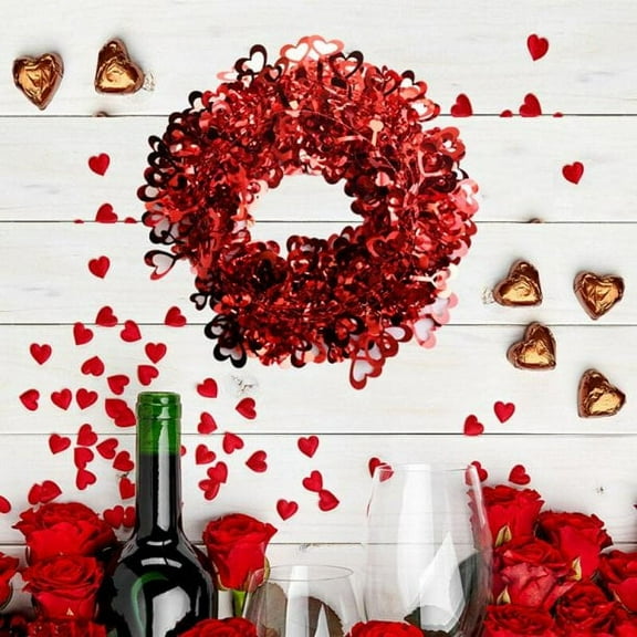Valentine 12 inch Red Round Plaque Wreath with Foil Hearts Hanging Valentine's Day Wreath Decorations for Wedding Birthday Party Front Door Wall Window Mantel Décor