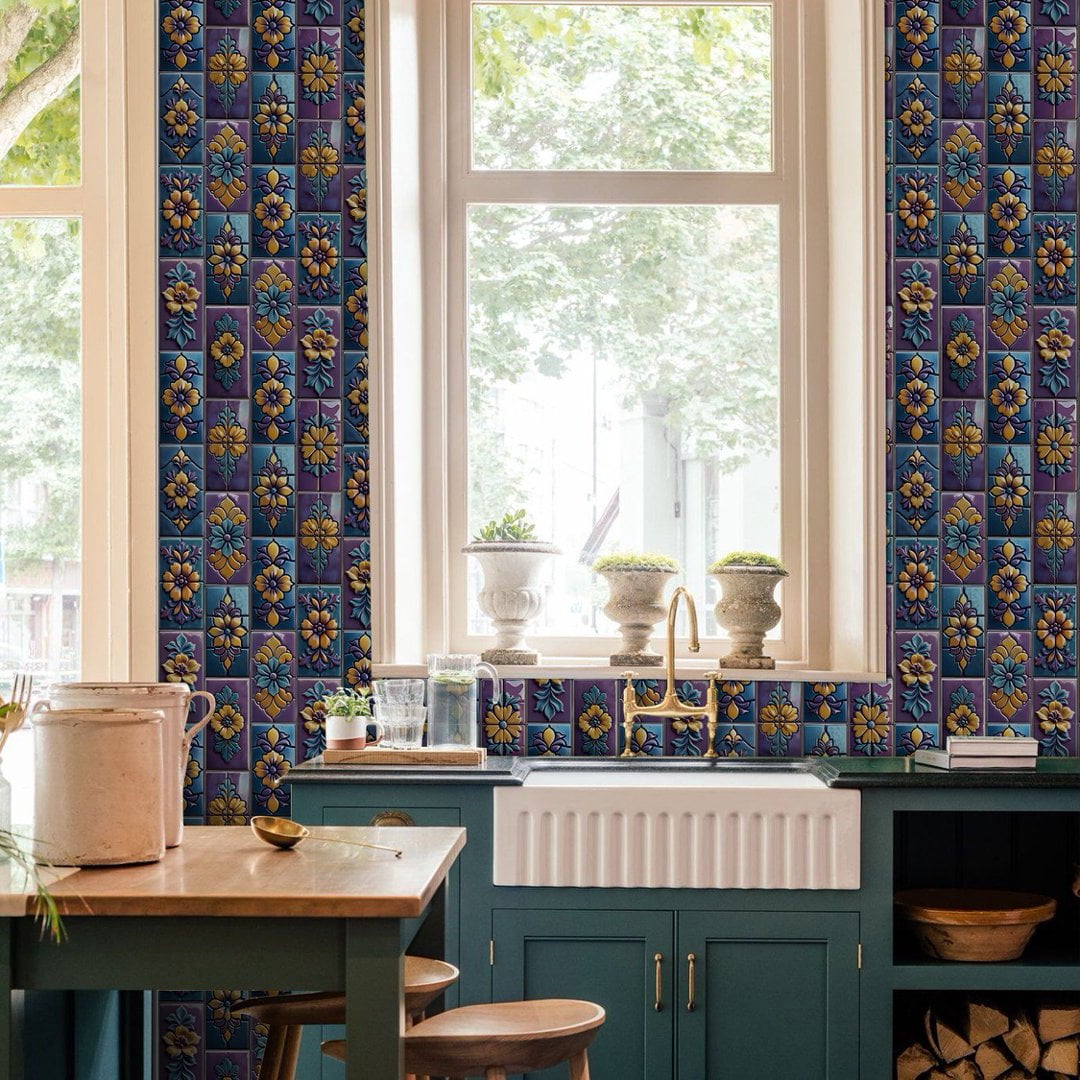 16 Pcs Foaming Board Vinyl Tiles Stickers Wall Decals 8" x 4" Purple Blue Yellow Flowers Pattern Mural Waterproof Peel and Stick Backsplash