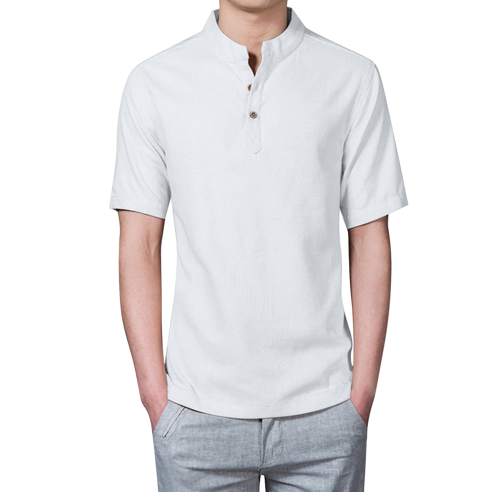 GWAABD Habit Fishing Shirt Men's Cotton Linen Henley Shirt Short Sleeve