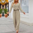 thumbnail image 2 of Women Top Pants Suit Long Sleeves V Neck Button Front Drawstring Closure Two Piece Outfits Khaki 3XL, 2 of 4