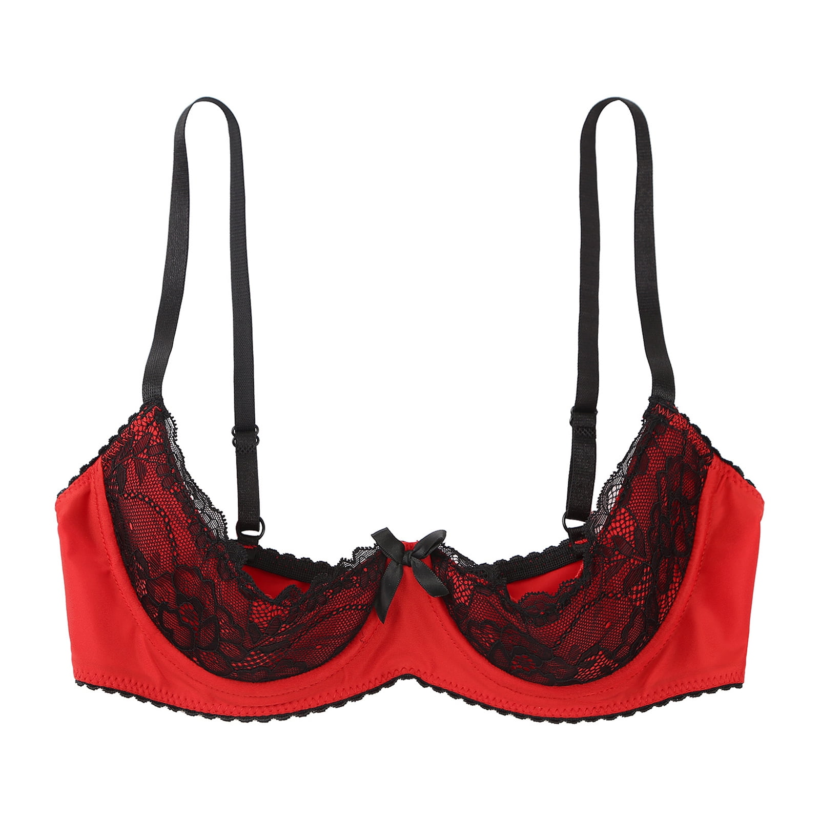 YONGHS Womens Lace Lingerie 1/4 Cups Bare Exposed Breast Underwire Push Up  Balconette Bra Tops Red M 