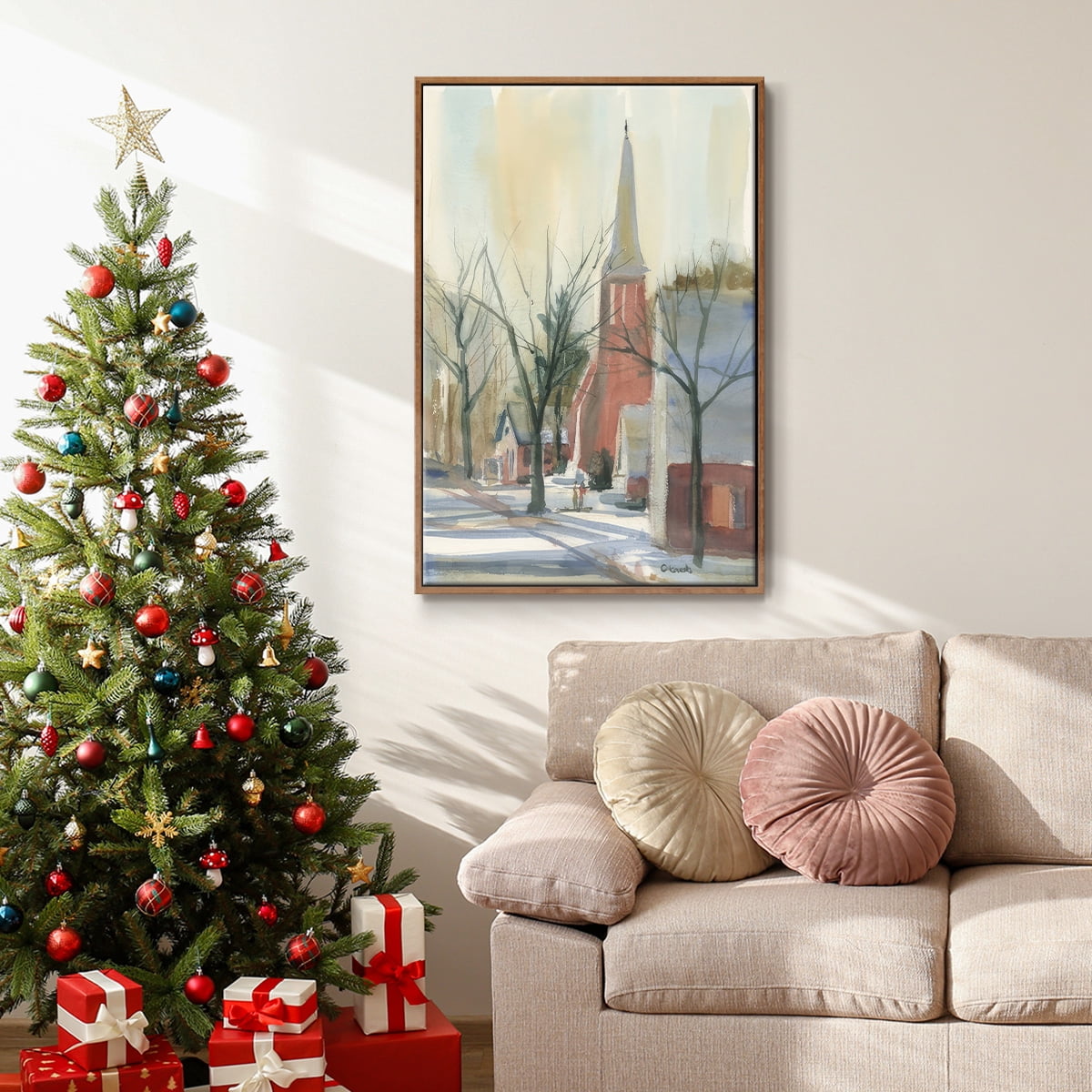 New England Main Street - Framed Gallery Wrapped Holiday Canvas - 17 x 25 - Rosewood Frame
