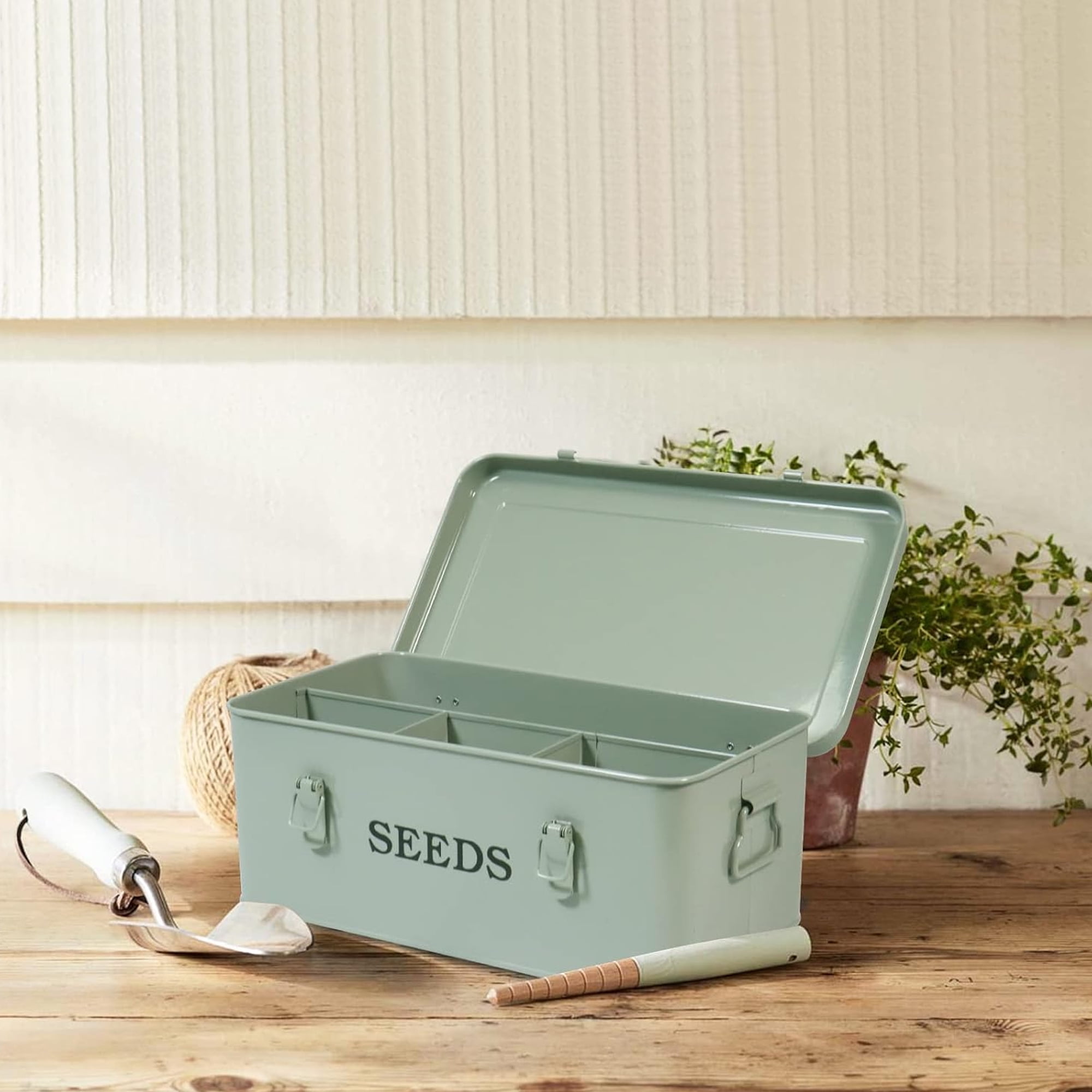 Pethiy Moisture-Proof Seed Storage Box, 4-Compartment Metal Organizer with Safety Lock, Lightweight Airtight Container for Garden Seed Packets & Envelopes - Green