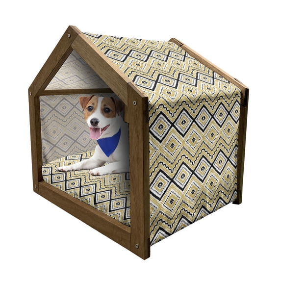 Ethnic Pet House, Native Motif with Rhombus Pattern Dots and Chevron Waves Print, Outdoor & Indoor Portable Dog Kennel with Pillow and Cover, 5 Sizes, Yellow Black and White, by Ambesonne