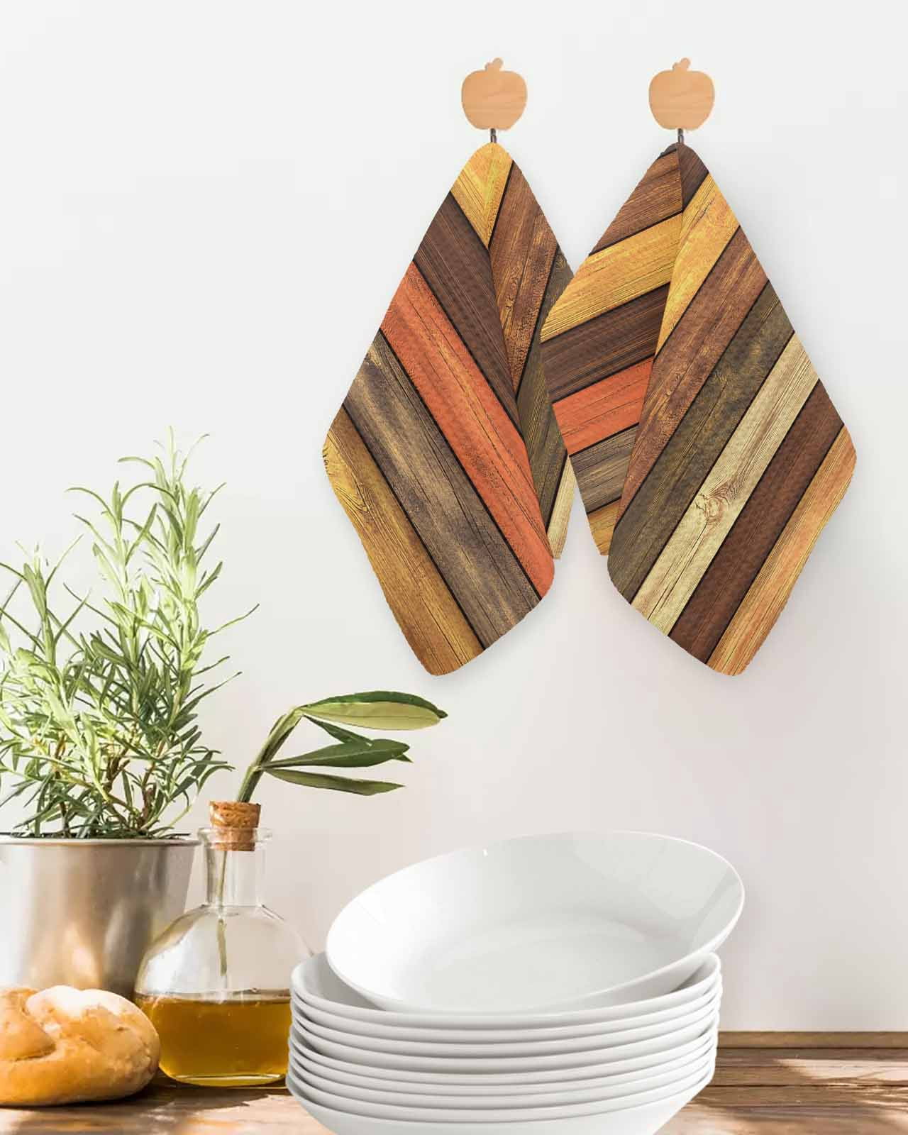Farmhouse Orange Brown Kitchen Dish Towels for Drying Dishes Set of 3, Retro Vintage Wood Waffle Weave Microfiber Terry Hand Tea Bathroom Towels Quick Dry & Absorbent Towel 12x12