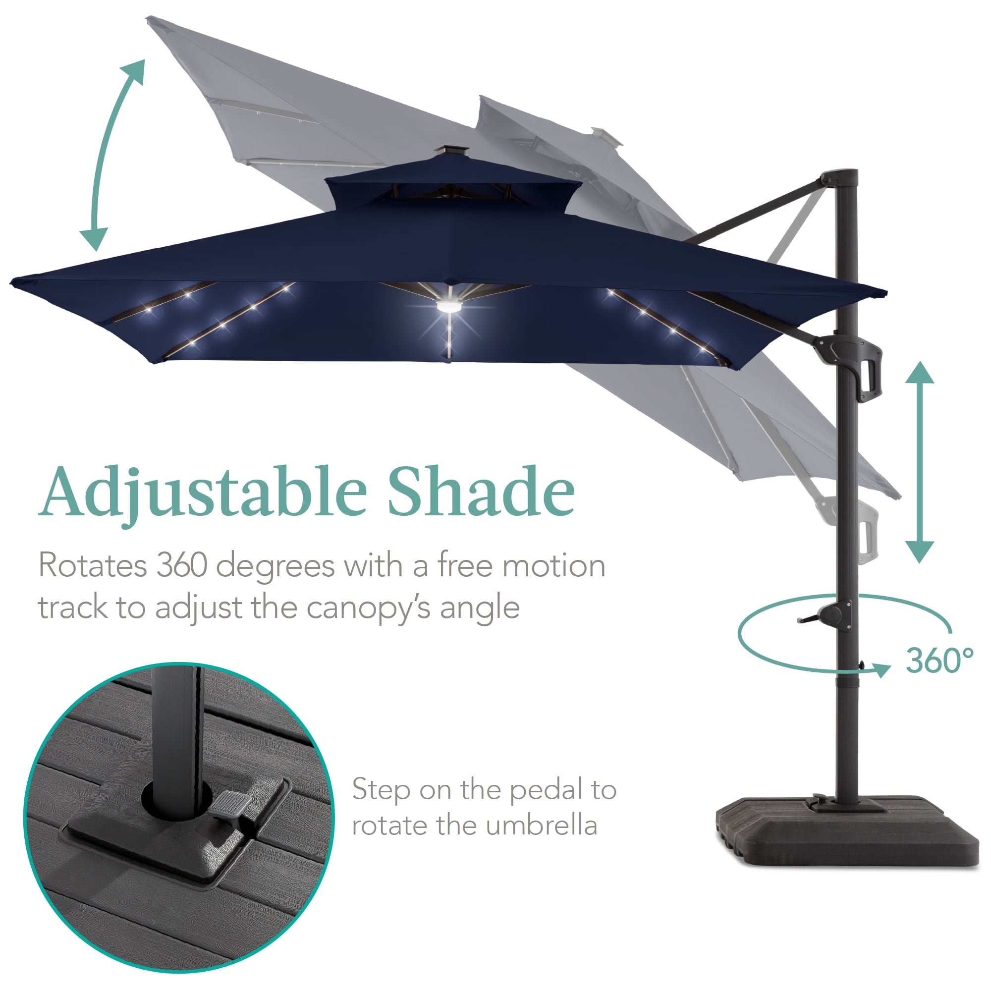 Best Choice Products 10x10ft 2-Tier Square Outdoor Solar LED Cantilever Patio Umbrella w/ Base Included - Navy Blue