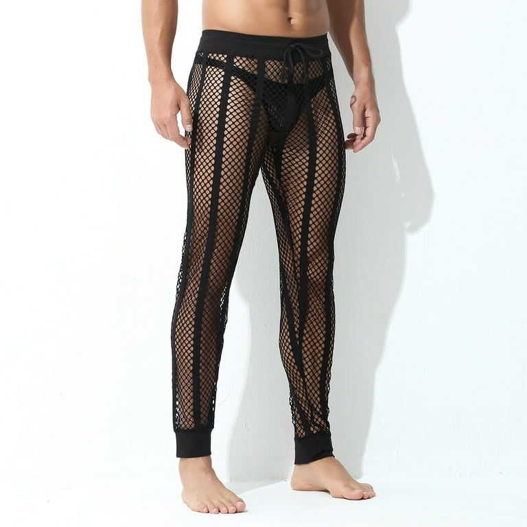 XFLWAM Men's Mesh Fishnet Pants Sexy See Through Leggings Drawstring  Striped Workout Sweatpants Black S