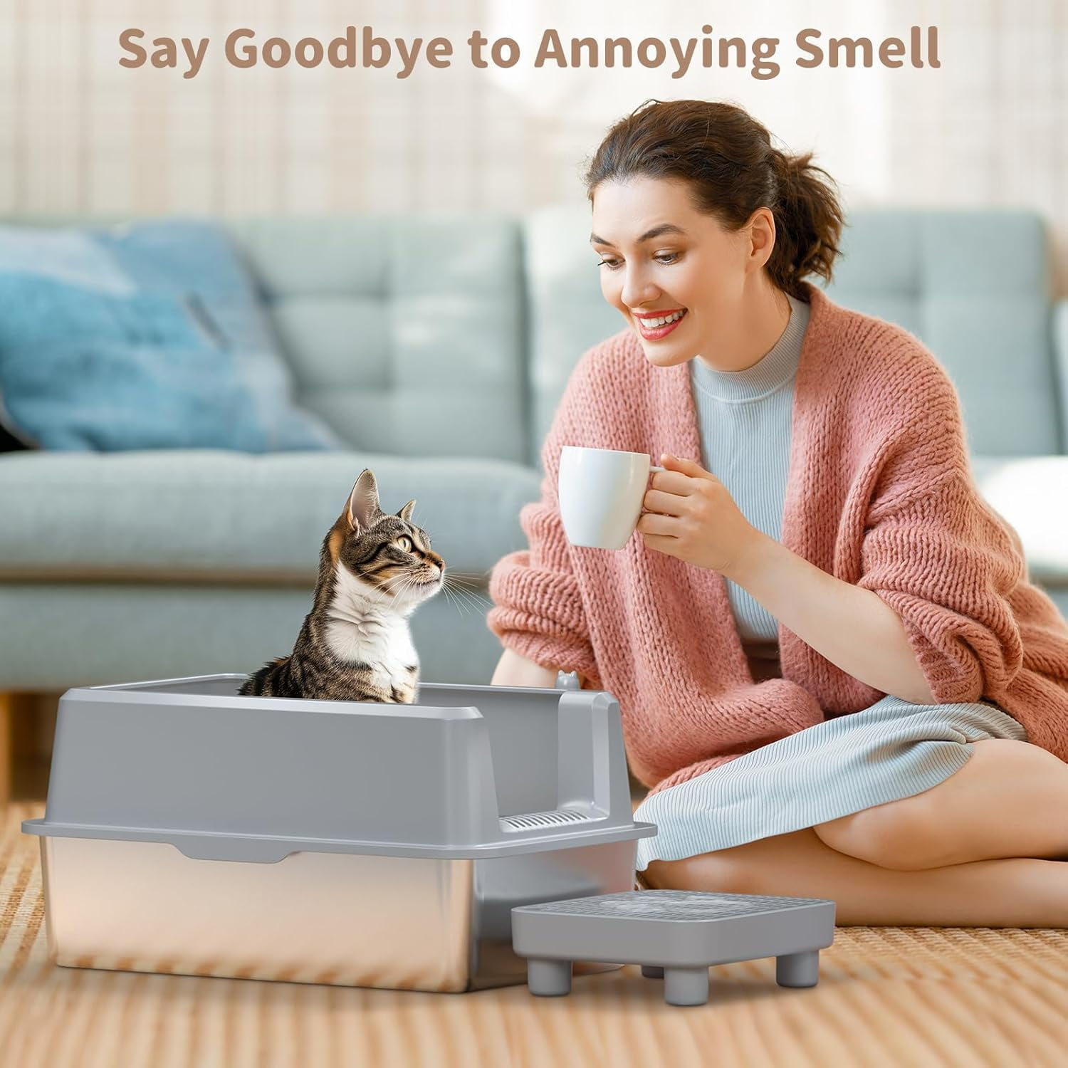 Stainless Steel Cat Litter Box with lid, Extra Large Metal Litter Box for Big Cats XL High-Sided Steel Litter Pan with Anti-Leakage Design, Odorless, Easy Clean, Includes Scoop (Gray)