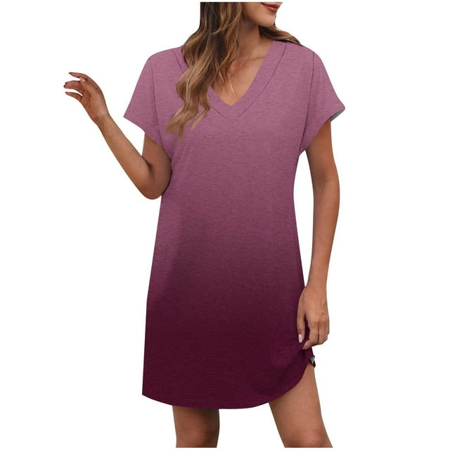 LOVZFMLL Robes d'Été pour Femmes Décontractées Amples T-Shirt Robe Droite Col en V Manches Courtes Cap Unie Basique Tenue Quotidienne Rose B TTG