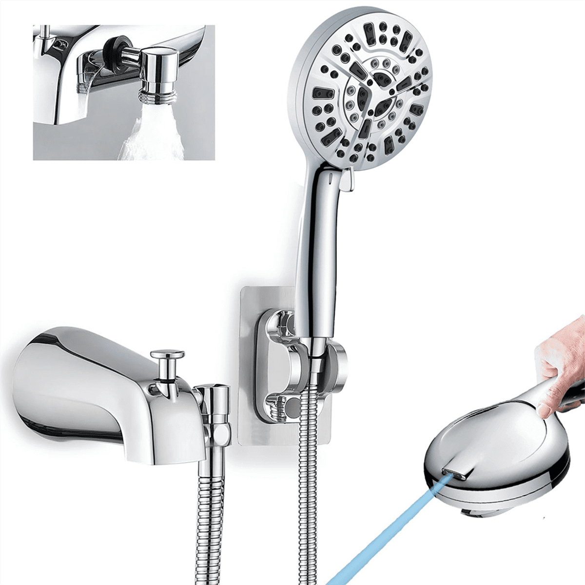 All Metal Bathtub Faucet with 9 Sprayer Settings, Chrome , with Built-in Diverter and Universal Fit Adapters