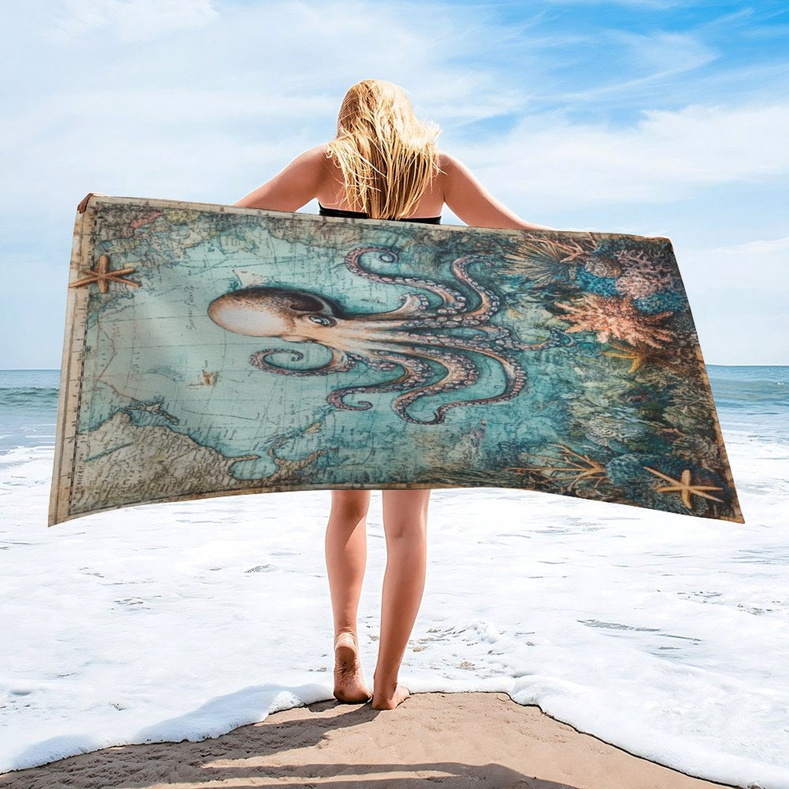 Coastal Octopus Modern Nautical Painting Beach Towel Quick-Dry & Super Absorbent Sand Proof Beach Towels Cute Nautical Animal Camping Towels for Travel Sports Pool Swimming Bath Yoga 30x60 inch