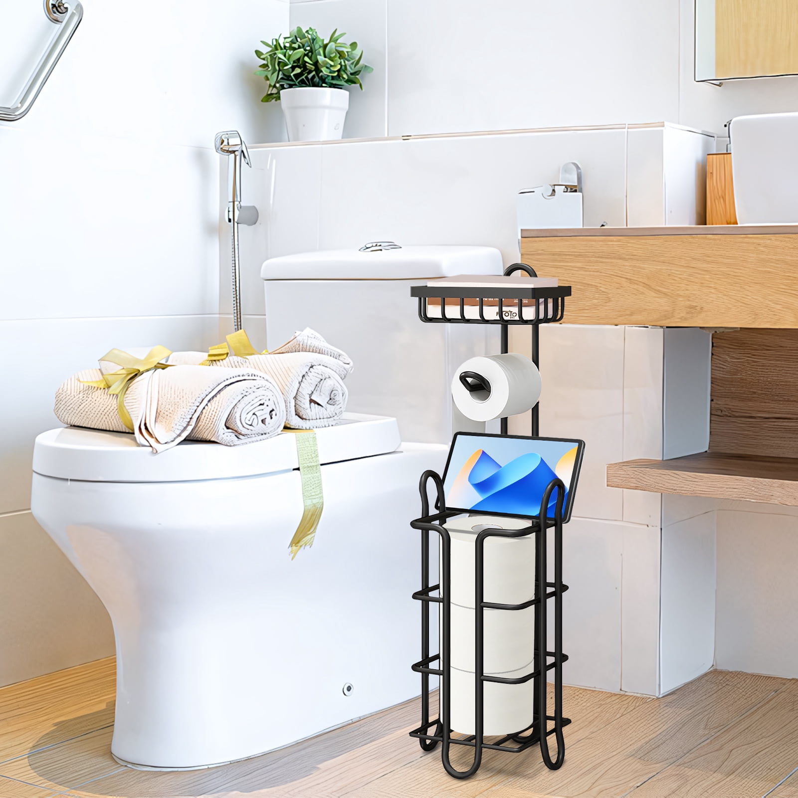 Yoneston 2 Pcs Toilet Paper Holder with Large Top Shelf Heavy Duty Bathroom Freestanding Toilet Paper Roll Stand, Iron Black