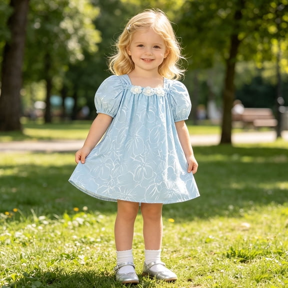Little Girl Dresses Floral Print Square Neck Short Sleeve Puff Dress for Holiday Casual Wear Dress for Girls Sky Blue 9 Months-12 Months