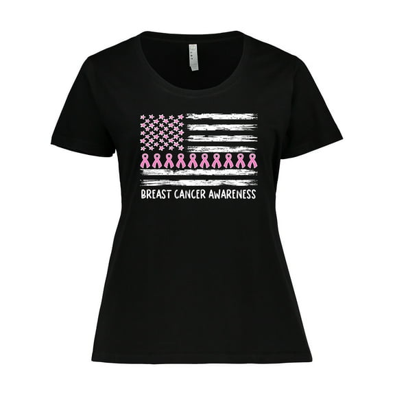 Inktastic Breast Cancer Awareness Pink Ribbons and Flag Women's Plus Size T-Shirt