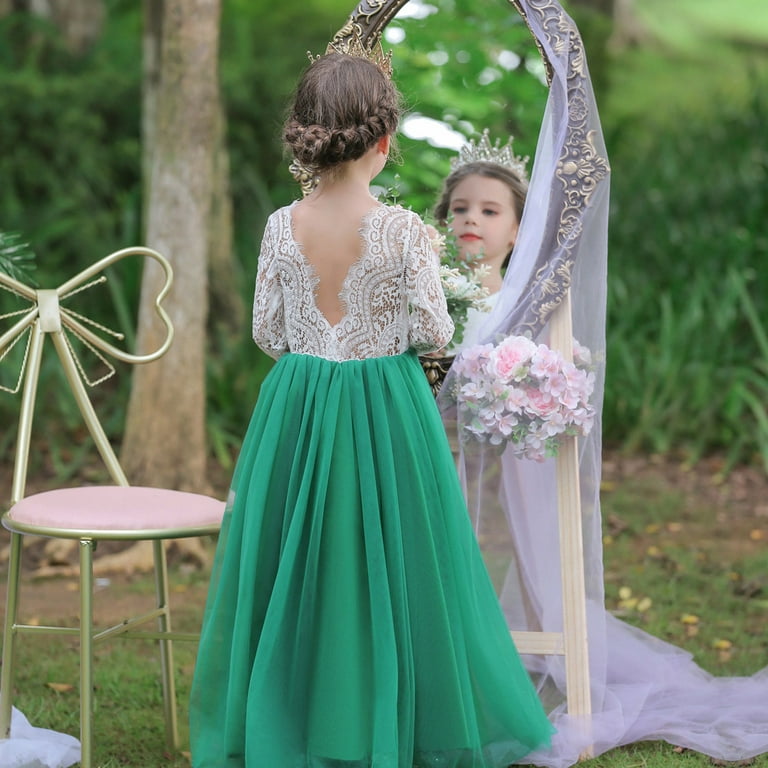 SYNPOS Flower Kids Long Sleeve V Back Lace Embroidered Wedding Dress 3-12Y  Child Girls Full-length Tulle Gown Dresses 