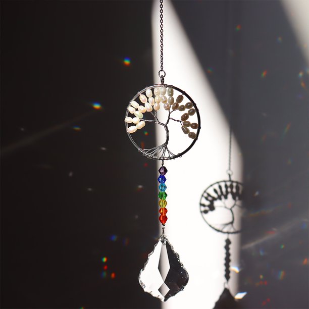 Colgante de campanilla de viento de cristal árbol de la vida Likrtyny colorido decoración DIY para jardín hogar al aire libre habitación de niños ventana