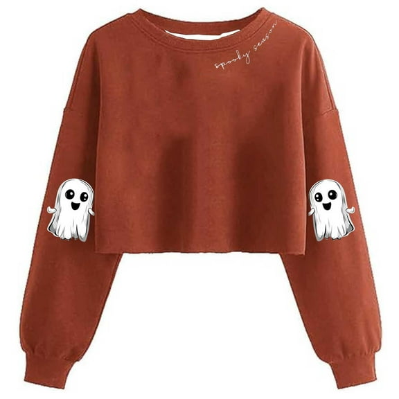 GaThRRgYP Plus Size T-shirts for Women,Fashion Women's Halloween Non Positioning Printed Fashionable Loose Casual Round Neck Long Sleeved T-shirt Pullover Hoodie Top Orange S
