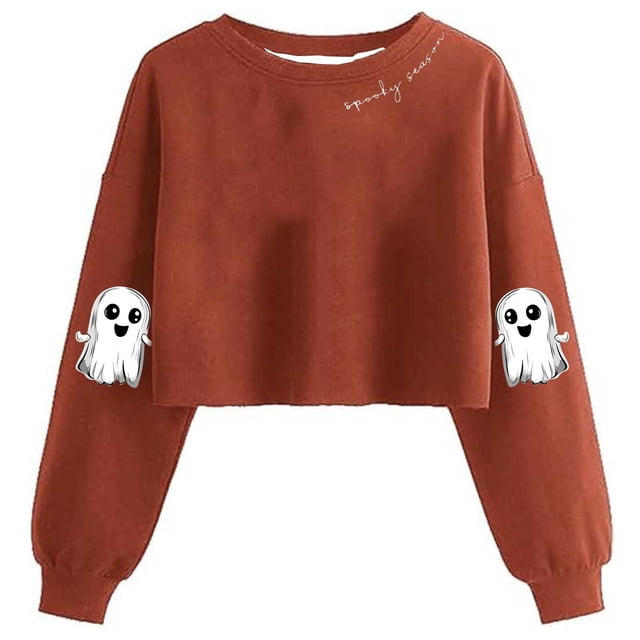 Ailaofu Women's Ghost Skull Crop Sweatshirt Fall Halloween Lantern Long Sleeve Pullover Spooky Season Sweatshirt