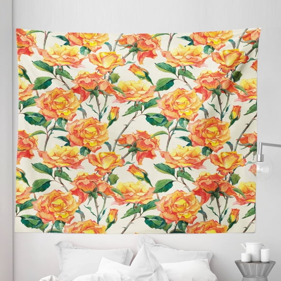 Rose Tapestry, Old Style Rose Bouqet with Vivid Season Colors Lift Work, Fabric Wall Hanging Decor for Bedroom Living Room Dorm, 5 Sizes, Cream Orange Green, by Ambesonne