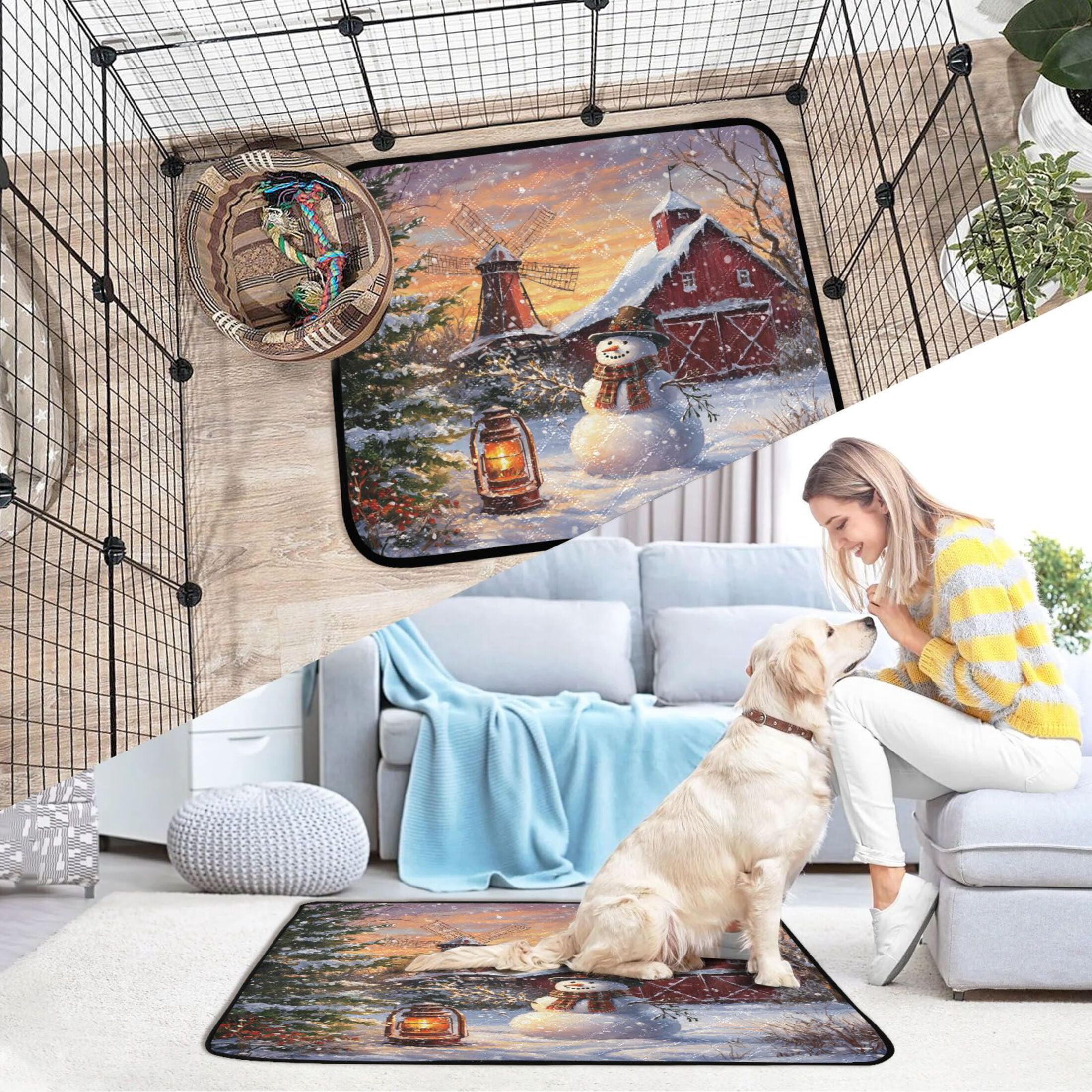 Qxltty Barn Snowman Cat litter Pads Pet Set of 3 Diaper Mats Center Anti-leakage Layer Absorbent Soft and Comfortable