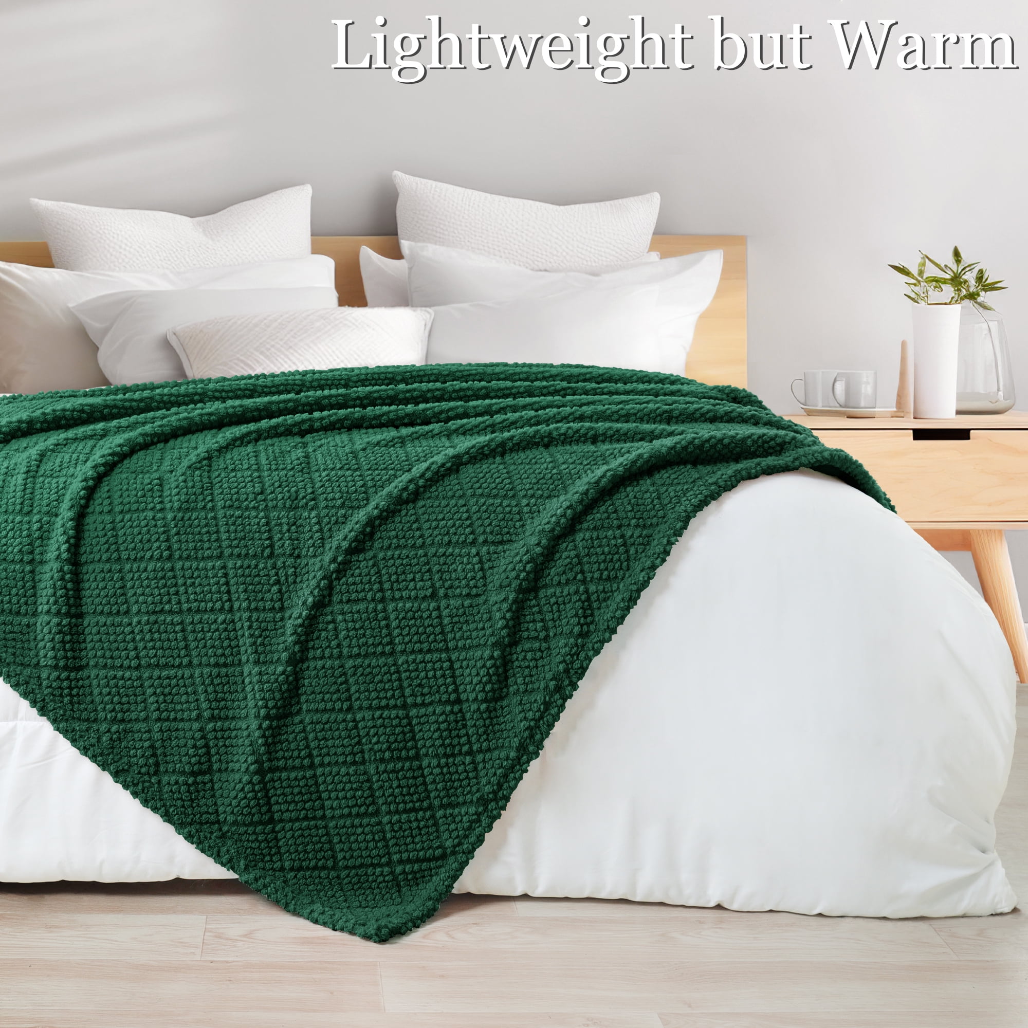 Whale Flotilla Fuzzy Fleece Queen Size Blanket for Bed, Soft Fluffy Jacquard Waffle Blankets for All Season, Lightweight and Warm, 90x90 Inch, Emerald Green