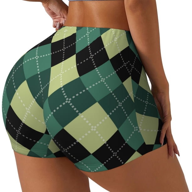Fotbe Green Squares Shorts Sin Costuras – Shorts Deportivos de Cintura Alta para Mujer, Elásticos para Gimnasio, Yoga, Running o Ciclismo-Medium