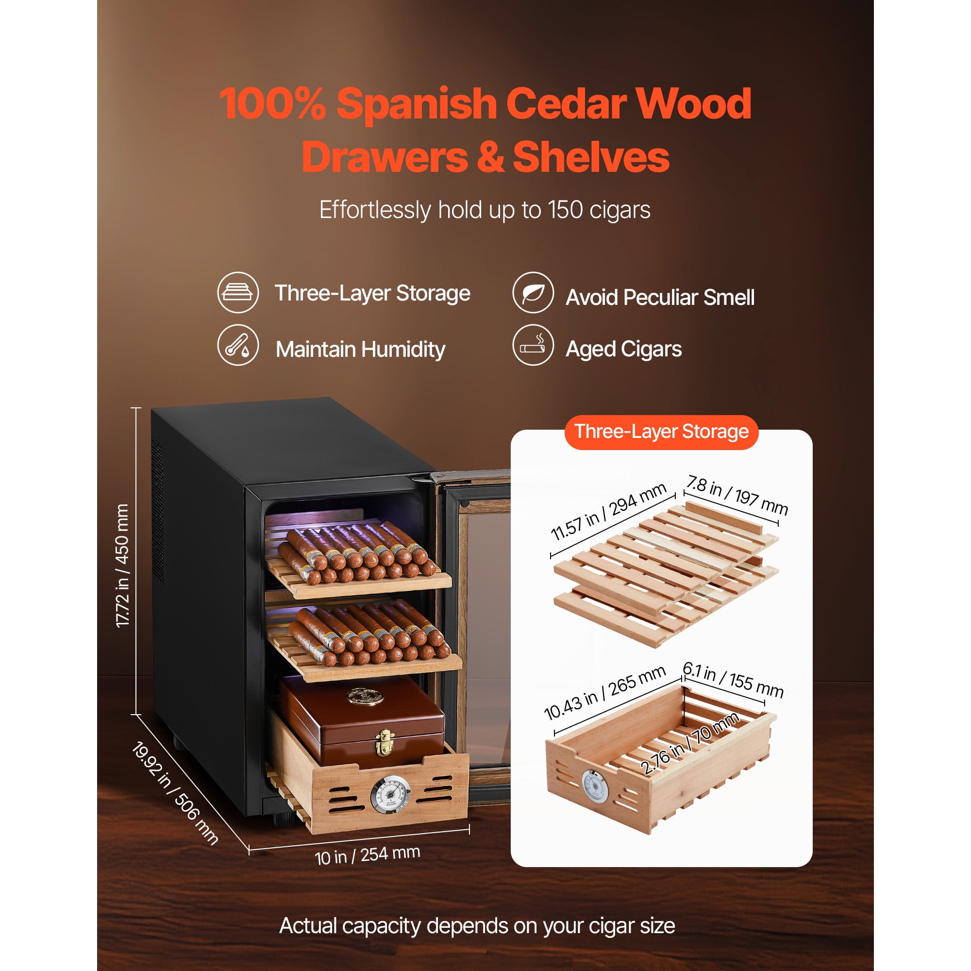 KFFKFF Electric Cigar Humidor, 23L Capacity, 150-Count Cigar Storage Cabinet with Temperature Control, Spanish Cedar Shelves and Drawers, Built-in Hygrometer, 3-Tier Design, Ideal for Home Use