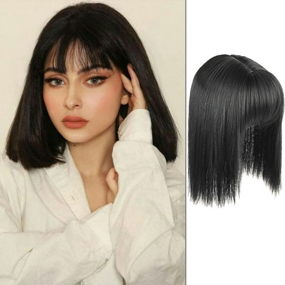 Long Dark Brown Bob Wigs for Women,Medium Length Wigs with Bangs Brown with Auburn Highlight Wigs Human Hair Blend Healthy Synthetic 14 Inch Wigs