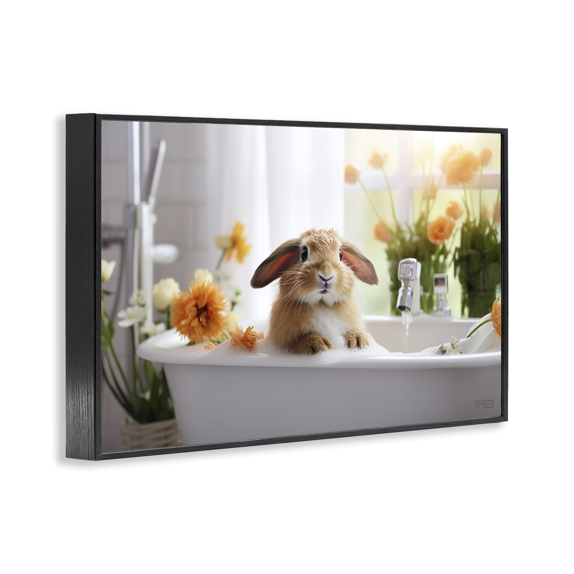 Stupell Industries Bathing Baby Bunny Typography Painting Black Framed Art Print Wall Art, 24 x 16