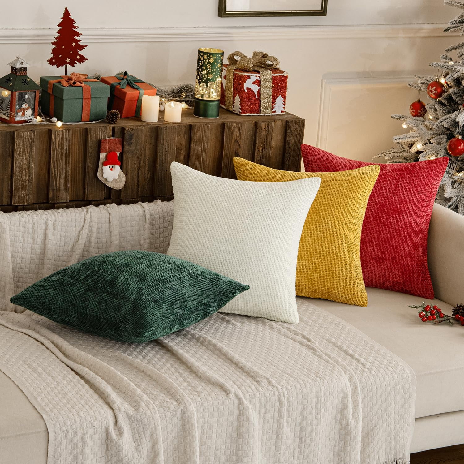 Lomyolo Set of 4 Chenille Pillow Covers - 20x20 Inch Soft Farmhouse Decor for Couch, Sofa, Bedroom Winter Fall Farmhouse Accent Boho Cushions Decor
