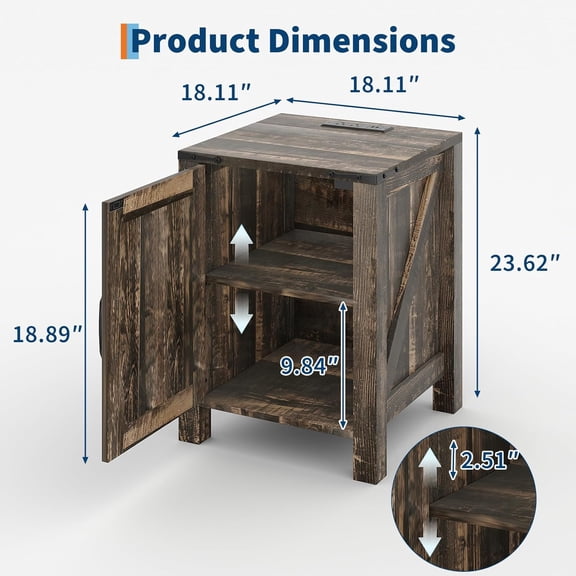 Acekid 2PC Bedside Tables with USB Charging Station - 2 Tier Wood Bedside Tables with Sliding Barn Door, Adjustable Shelf, Dark Brown