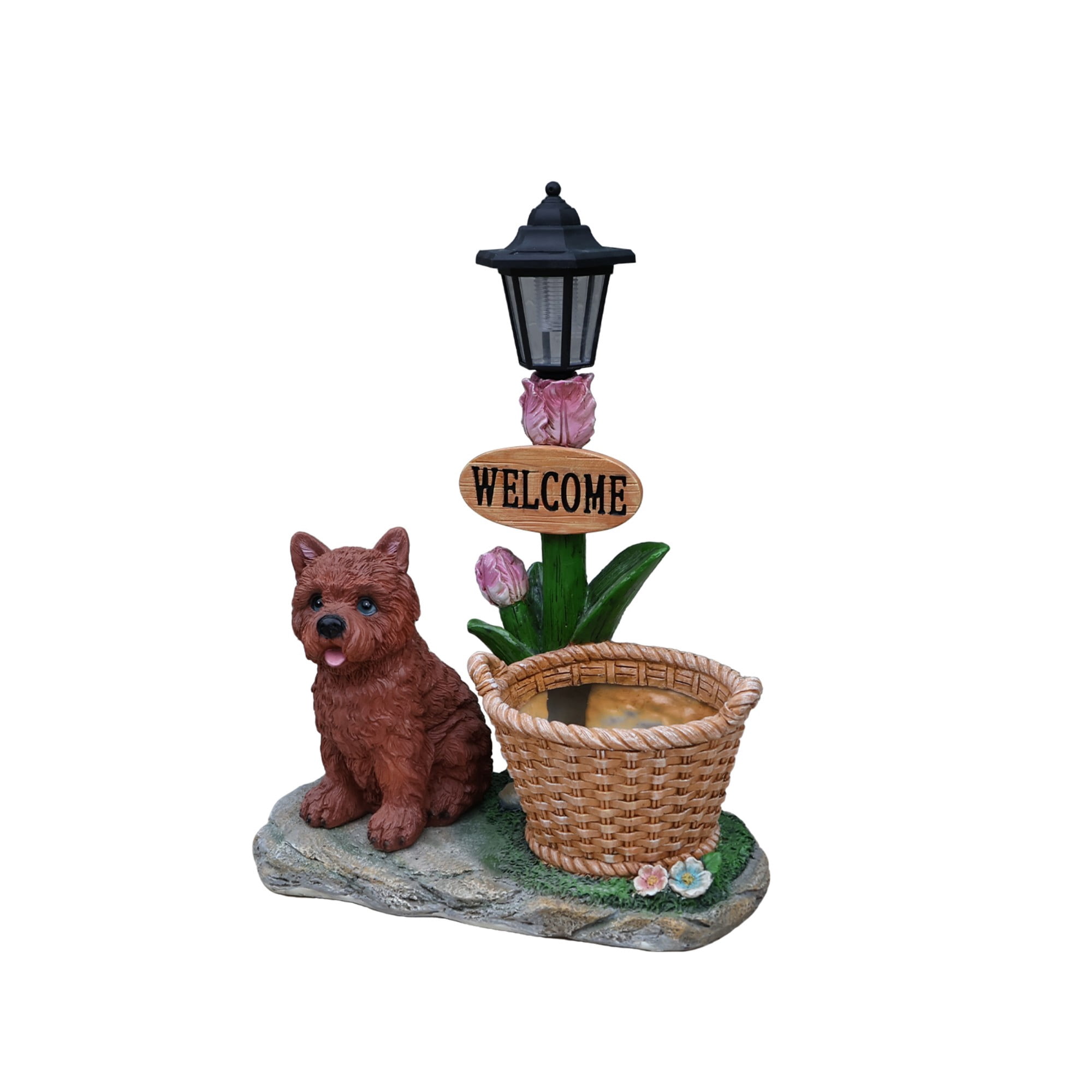 Sitting Puppy Solar Planter Statue, Brown Resin Garden Decor with LED Light for Yard Patio Balcony Outdoor