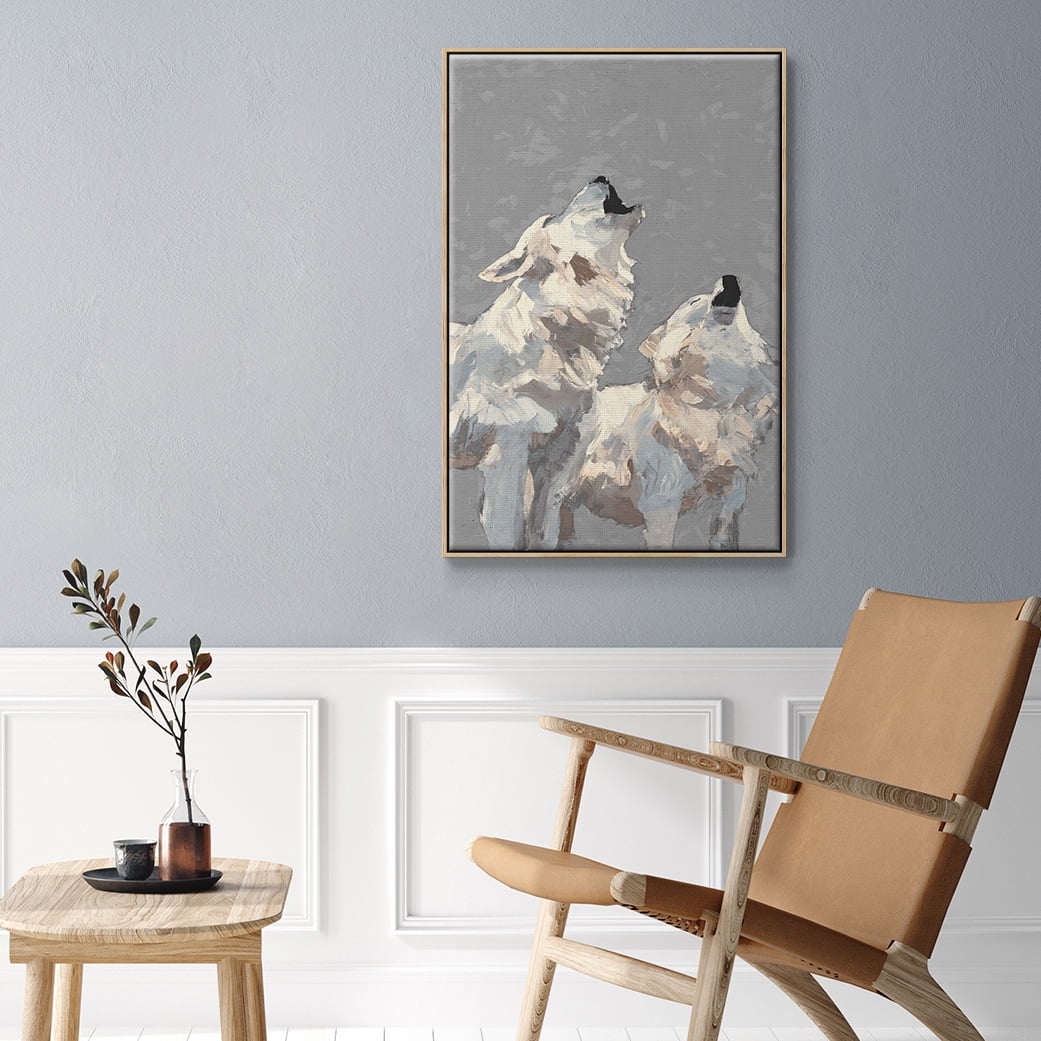 Midnight Wolves Framed Premium Gallery Wrapped Canvas - Ready to Hang - 27 x 41 - Natural Wood Floating Frame
