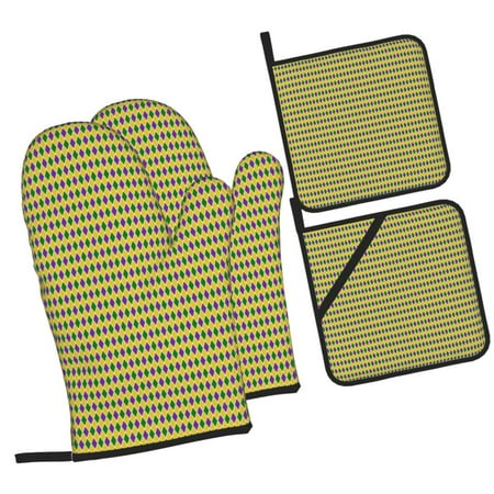 

Haiem Mardi Gras Purple Yellow Plaid Print Extra Long Oven Mitts and Pot Holders 4pc Sets: Heat Resistant Silicone Oven Mittens with Mini Oven Gloves and Hot Pads Potholders