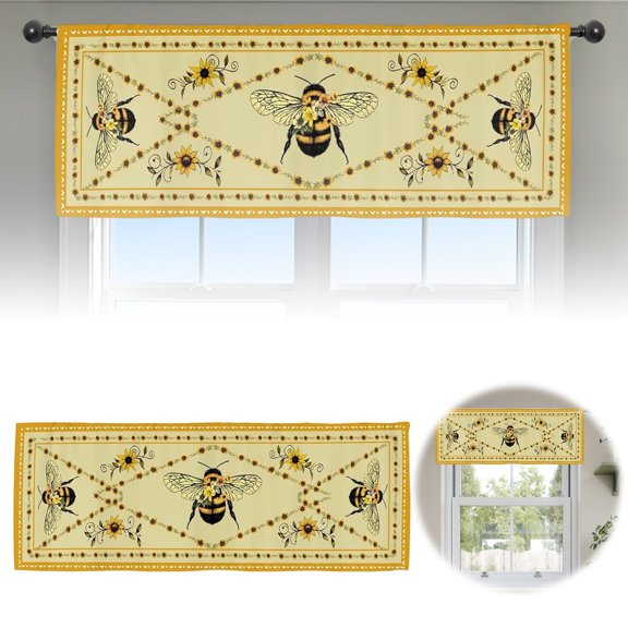 SUYOLL Rod Pocket Valance For Window,Bumblebee Sunflower Print Curtain,Light Filtering Privacy Short Window Drapes,Soft Washable Farmhouse Vintage Decor For Kitchen Small Window Home