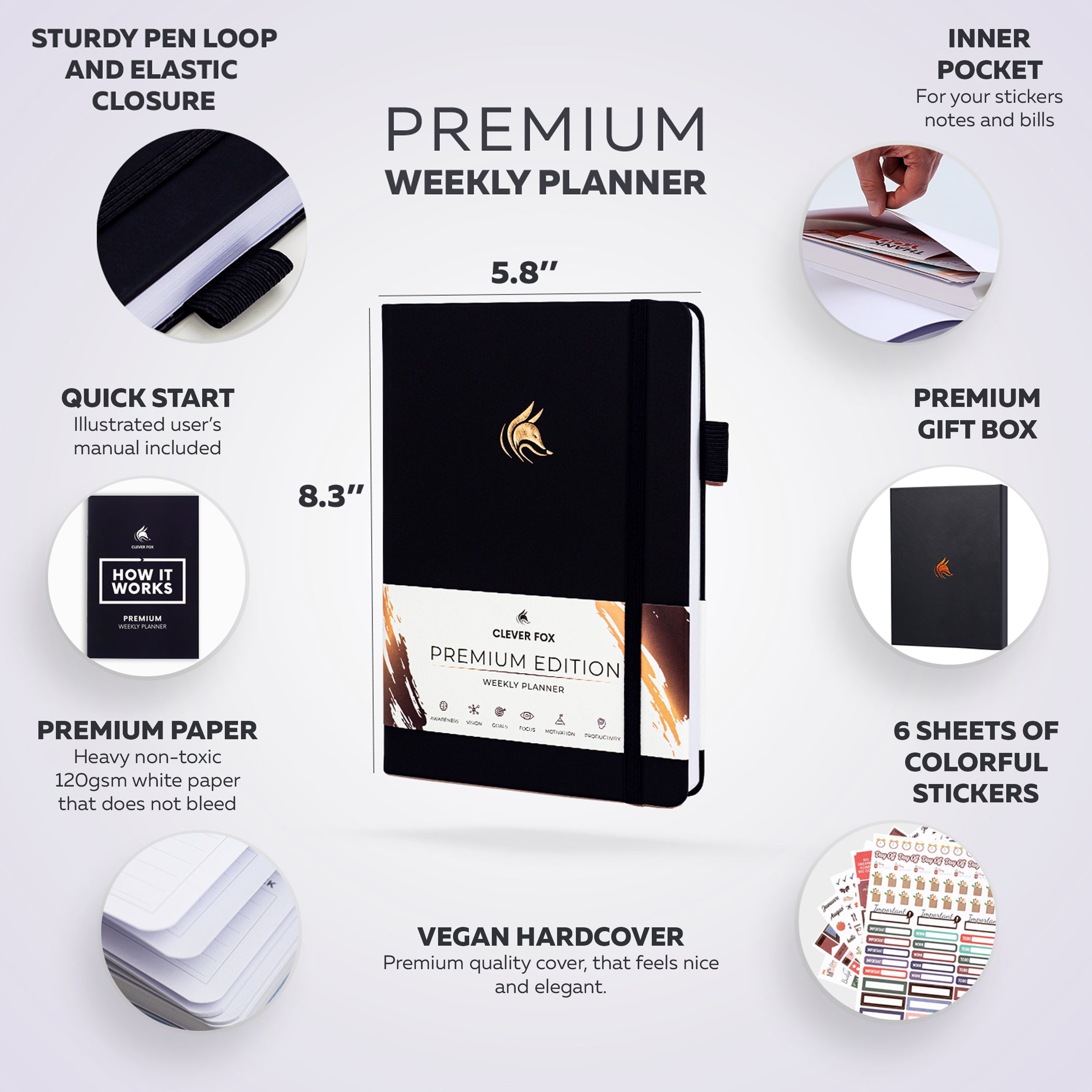 Clever Fox Planner Premium Edition – Undated Luxurious Weekly & Monthly Planner to Increase Productivity and Hit Your Goals – Organizer – Start Anytime, A5, Lasts 1 Year, Black (Weekly)