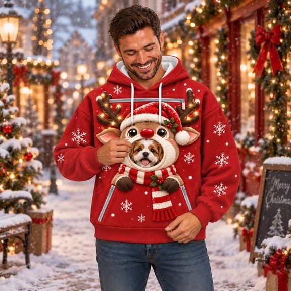 RGGEEUN Dog Pouch Hoodies Pet Carrier Hoodies Christmas Reindeer Graphic Long Sleeve Hooded Pullover with Pocket Mens Sweatshirt for Small Pets Daily Walking,M