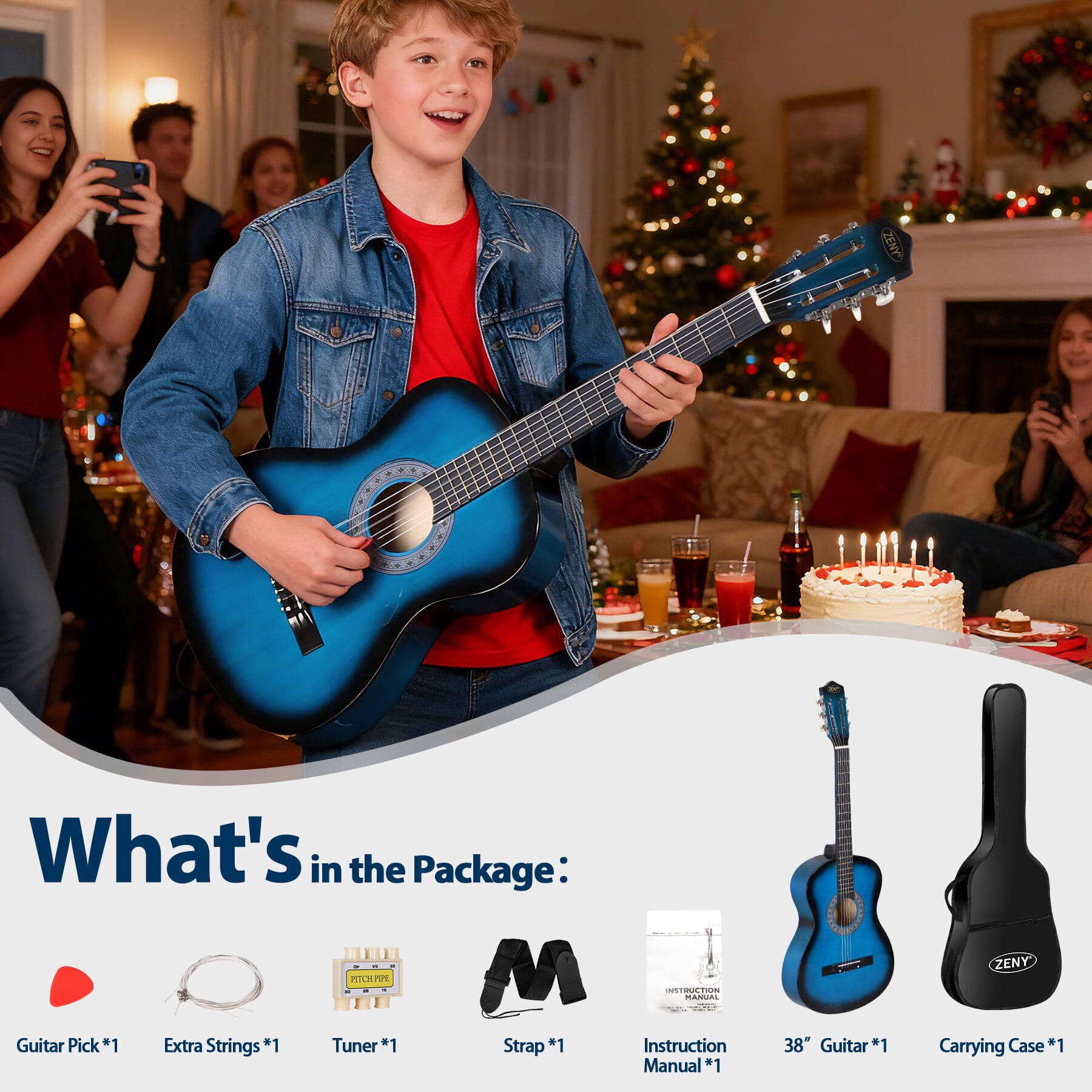 ZENY 38" Acoustic Guitar for Beginners, Student Starter Kit with Gig Bag, Strap, Tuner & Picks -Blue