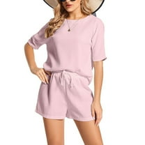 SWSMCLT Women's Summer 2 Piece Casual Shorts Set Drawstring Mid Date Night Suits Fall Lounge Soft Short Sleeve Outfits Peach XX-Large