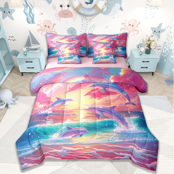 Manfei Cute Dolphin Bedding Sets Twin Size,Ocean Sealife Comforter Sets with Sheets,Pink Sea Beach Bed in a Bag Twin Size For Girls,Breathable Room Decor Reversible,7-Piece