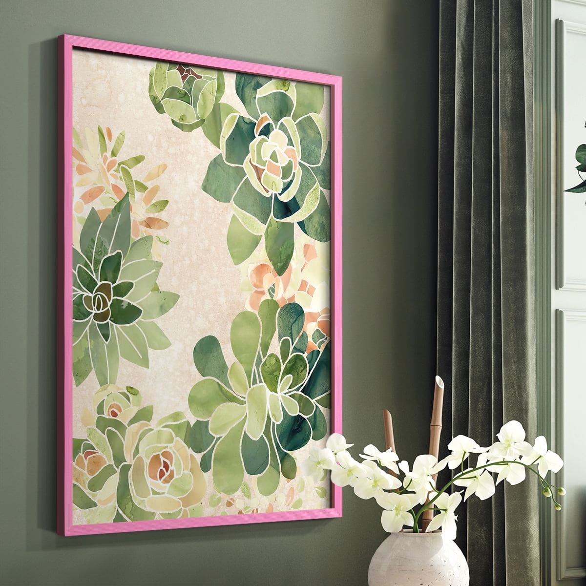 Stained Glass Succulents II Framed Print in Pink Solid Wood Framed Print No Nail Hanging
