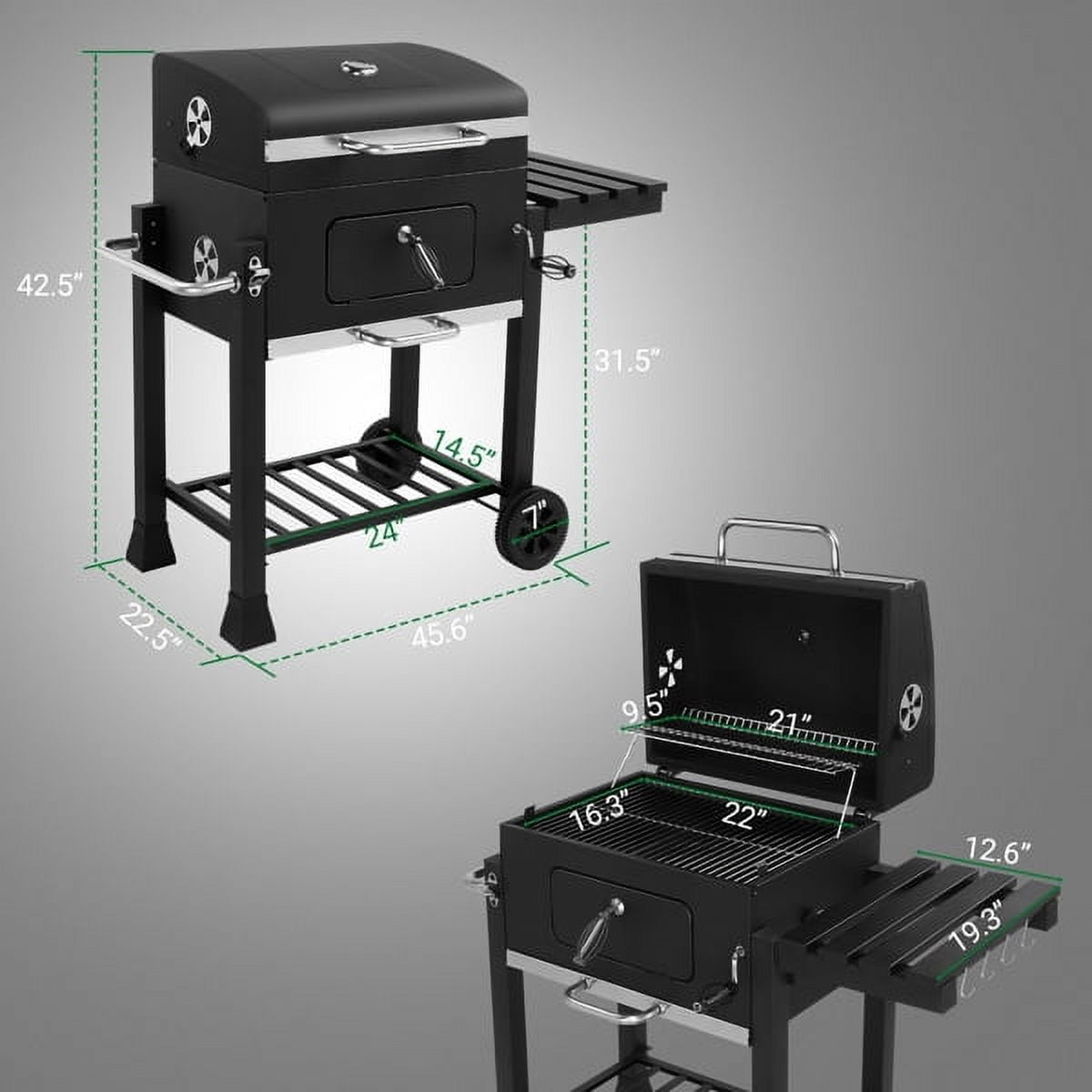 Heavy-Duty Charcoal Grill - Spacious Cooking Area, Height-Adjustable Charcoal Pan, Foldable Side Table & Wheels, for Backyard/Gatherings