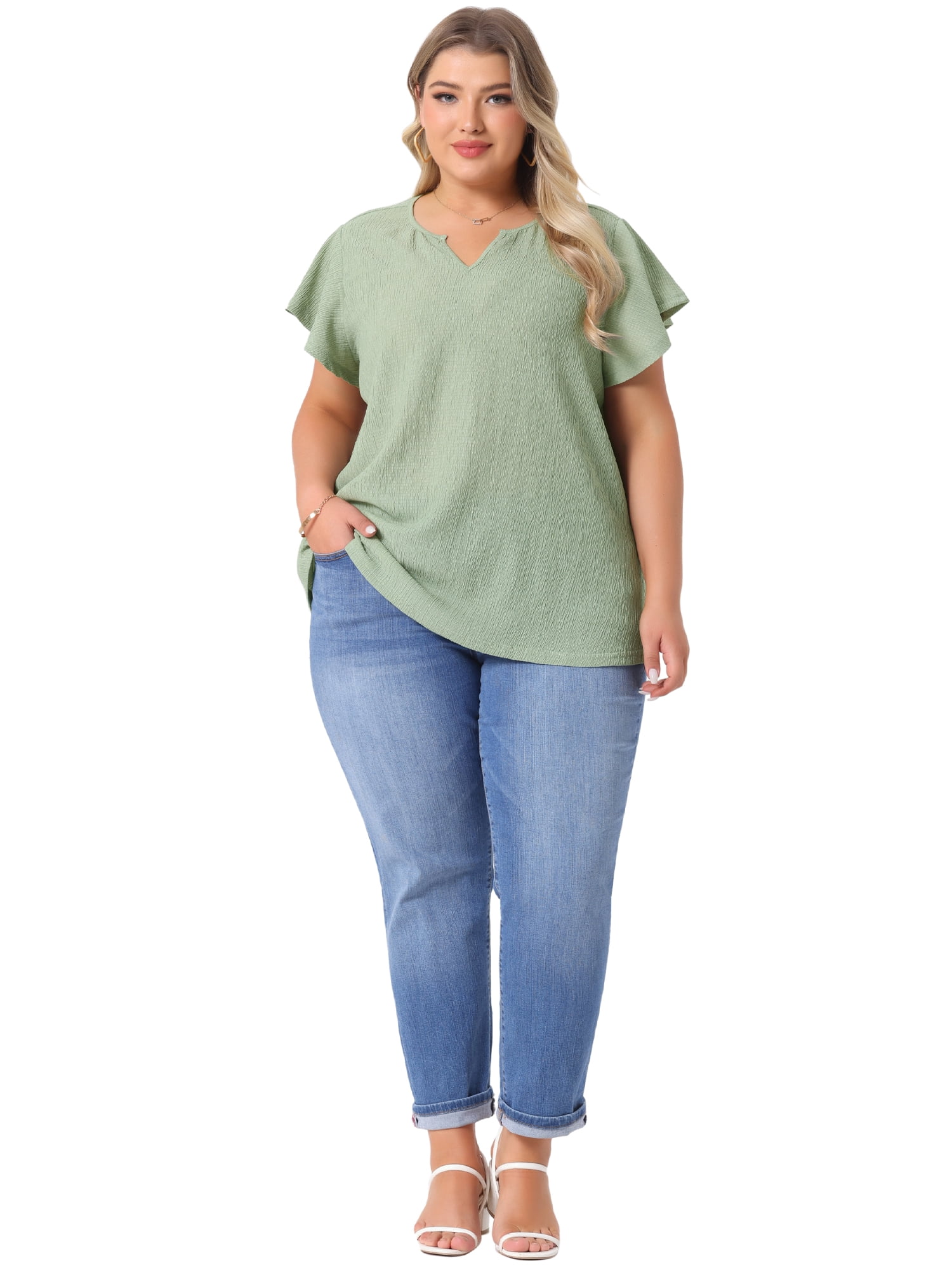 DARING DIVA Women's Plus Tops V Neck Ruffle T Shirt Blouses 2X Green