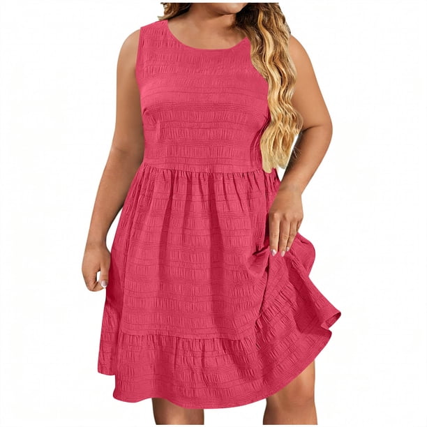 Vestido Casual Más Tamaño de las Mujeres sin Mangas Cuello Redondo de Poliéster Sólido Vestido de Longitud Regular Más Tamaño Vestido de Línea