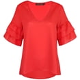 thumbnail image 4 of FANCYINN Women’s Chiffon Panel Blouse Half Length Ruffle Bell Sleeves V Neckline Loose Causal Top Shirt Red XL, 4 of 7